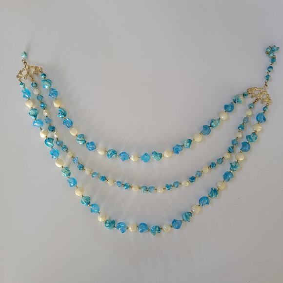 Vintage Blue and White Multi Strand Beaded Necklace with Gold Tone Clasp Jewelry - Picture 1 of 10